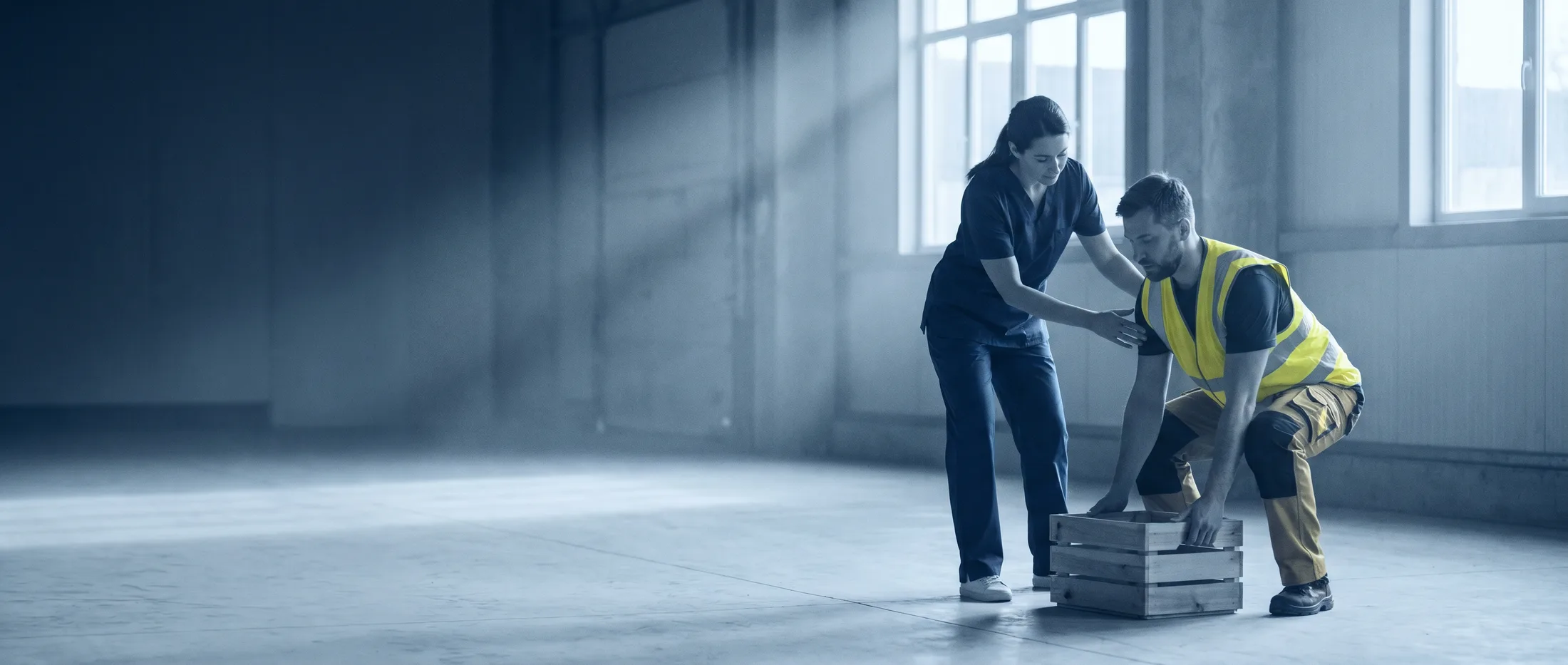 A physical therapist guiding a worker through a movement assessment on an industrial floor
