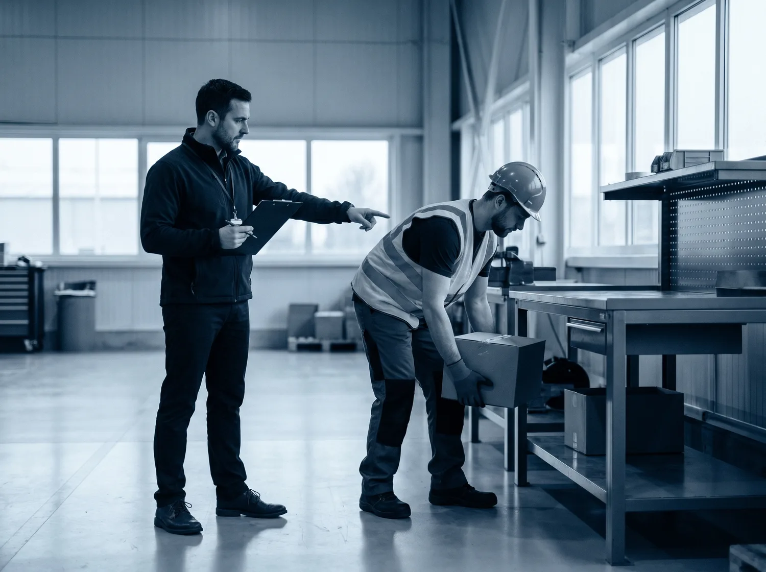 Therapist and worker reviewing posture at a workstation