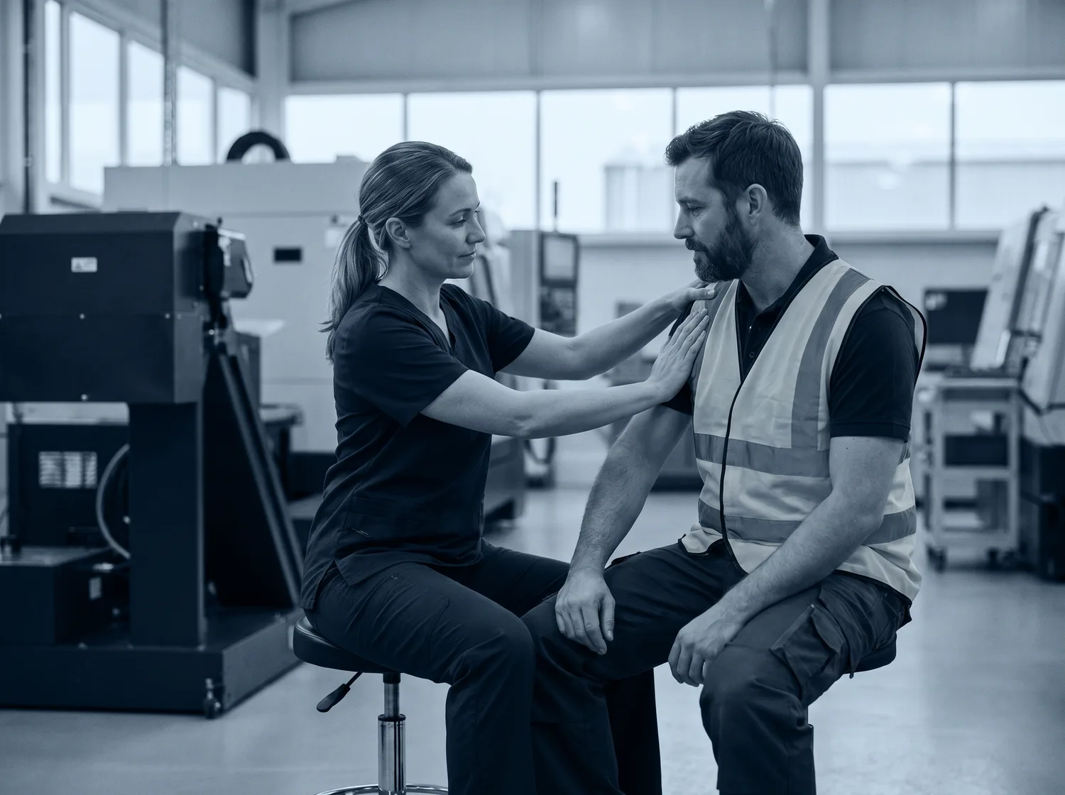 Therapist treating a seated worker at the worksite